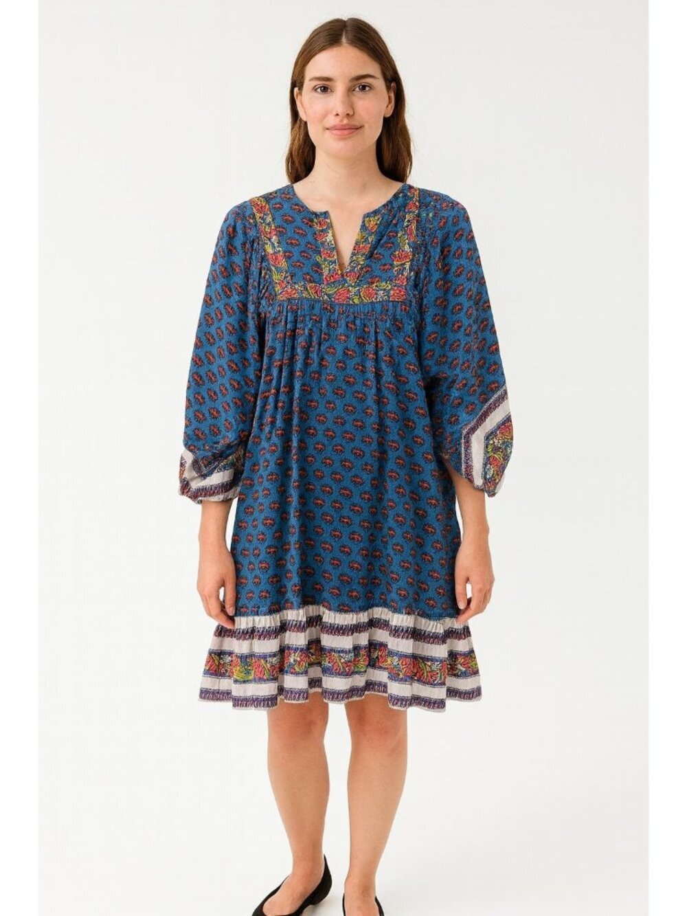 Cleobella Blue Floral Print Mini Dress 3/4 Sleeves - Size S Boho